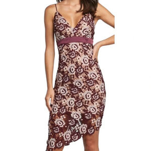 Bardot Lace Cocktail Dress Women Size 8 Burgundy Asymmetric Hem Spaghetti Straps